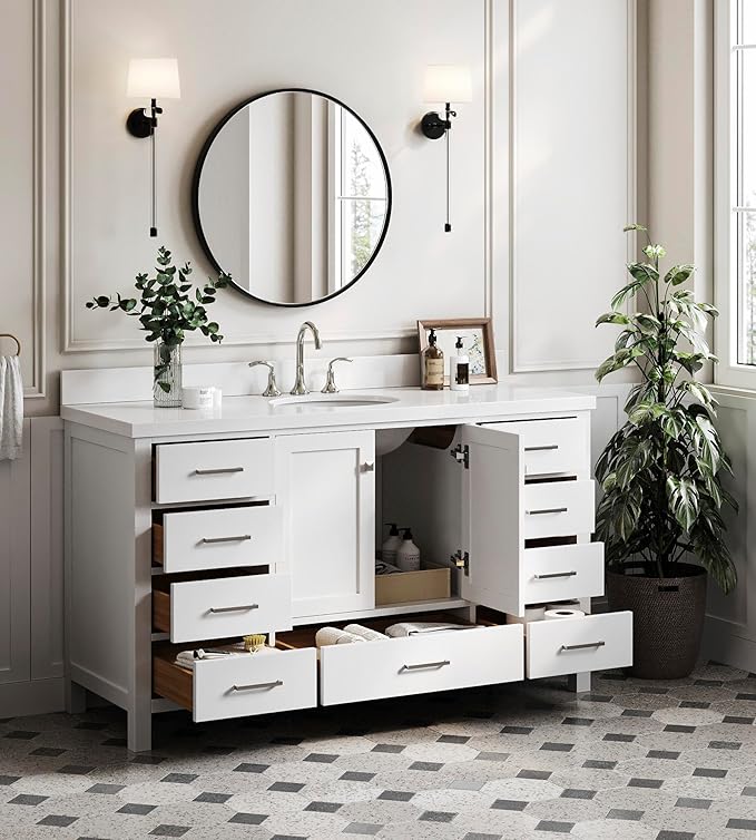ARIEL Cambridge 60-inch Bathroom Vanity with Sink,Solid Wood, 1.5-inch Pure White Quartz Countertop & Backsplash, Single Oval Porcelain Sink, 2 Soft Closing Doors, 9 Dovetail Drawers, White