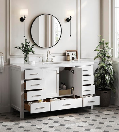 ARIEL Cambridge 60-inch Bathroom Vanity with Sink,Solid Wood, 1.5-inch Pure White Quartz Countertop & Backsplash, Single Oval Porcelain Sink, 2 Soft Closing Doors, 9 Dovetail Drawers, White