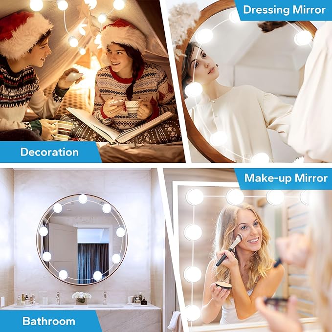 LED Vanity Lights For Mirror, Vanity Lights Stick on with 10 Dimmable Bulbs | 3000K 4000K 6500K & 10 Level Brightness Adjustable, USB Cable, Hollywood Mirror Lights for Makeup Dressing Room Bathroom