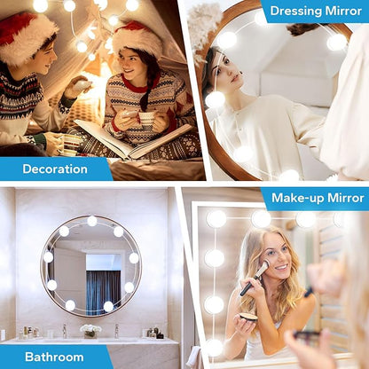 LED Vanity Lights For Mirror, Vanity Lights Stick on with 10 Dimmable Bulbs | 3000K 4000K 6500K & 10 Level Brightness Adjustable, USB Cable, Hollywood Mirror Lights for Makeup Dressing Room Bathroom