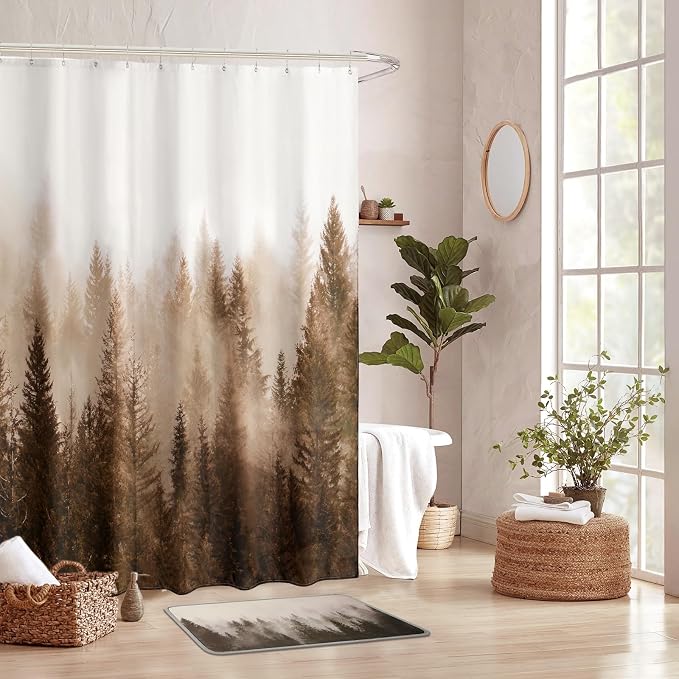 ORTIGIA Brown Misty Forest Shower Curtain for Bathroom, Nature Woodland Shower Curtain Set with Hooks, Decorative Pine Tree Fog Magic Bath Curtain for Home, Waterproof Fabric, Weighted, 72x72