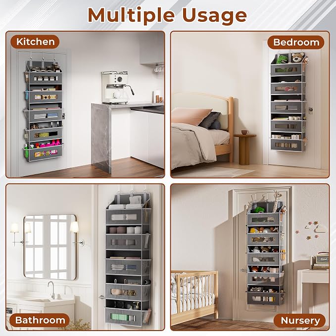 2 Pack 5 Tier Over The Door Organizer Space-Saving Storage for Any Room | Grey Hanging Closet Organizer with 10 Mesh Pockets and Clear Windows, Closet Organizers and Storage for Bathroom, Bedroom
