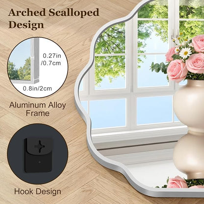 Scalloped Arched Mirror, 18×24Inch Silver Mirror for Bathroom, Wavy Wall Mounted Vanity Mirror with Aluminum Alloy Frame for Livingroom Bedroom and Entryway, Tempered Glass