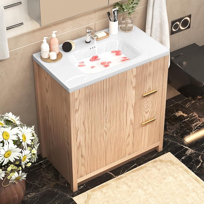 31.5'' Bathroom Vanity with Ceramic Single Sink Combo, Small Freestanding Bathroom Storage Vanity Cabinet with Drawer & Cabinet, Metal Handle, Natural Wood Color