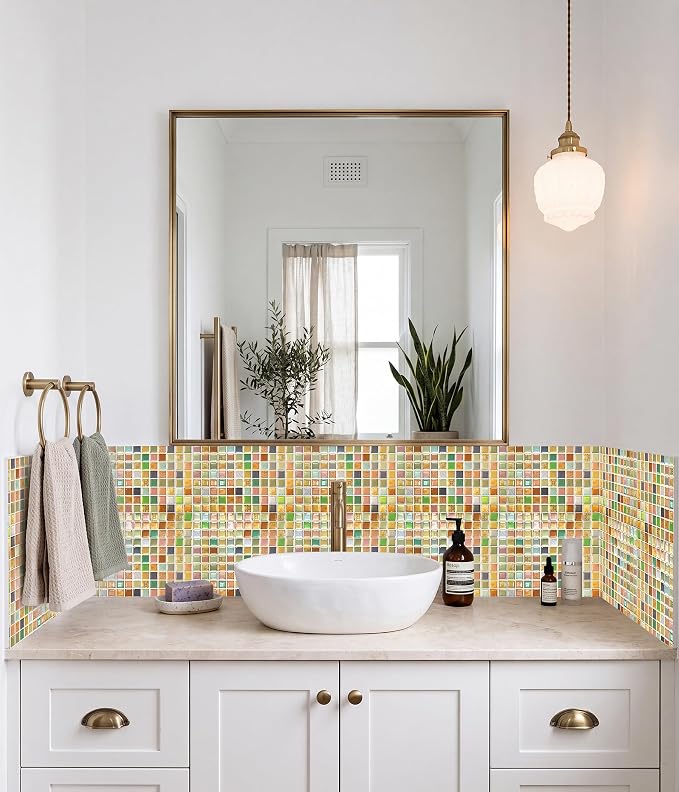 3D Mosaic Tile Sticker Removable Wallpaper Tile, 3D Self Adhesive Wall Tiles Bathroom Wall Tiles for Kitchen Backsplash Sunny Yellow,PVC Square Decorative Vinyl Decals,4 Sheets