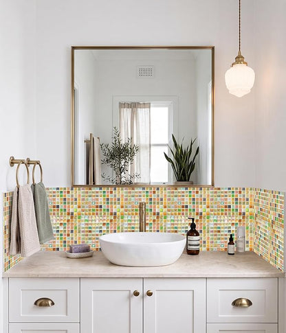 3D Mosaic Tile Sticker Removable Wallpaper Tile, 3D Self Adhesive Wall Tiles Bathroom Wall Tiles for Kitchen Backsplash Sunny Yellow,PVC Square Decorative Vinyl Decals,4 Sheets