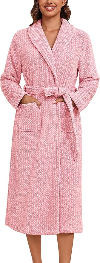 Ekouaer Women's Robe Long Plush Soft Bathrobe Cozy Warm Robes Shawl Collar Sleepwear with Pockets