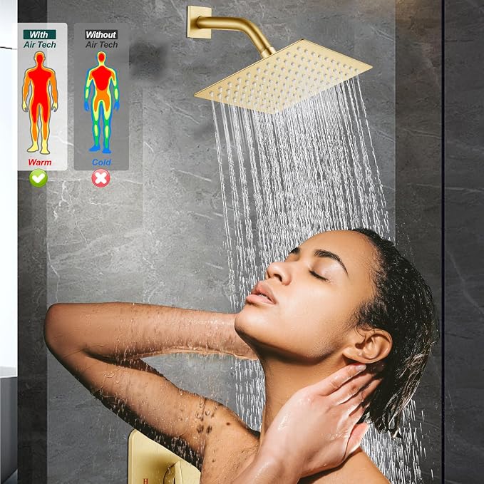 Heyalan 8-Inch Square Rain Shower Faucet Set with Valve, Brushed Gold | SUS304 stainless steel shower head, male NPT 1/2-inch valve, single-handle control, adjustable angle, 1.8 GPM
