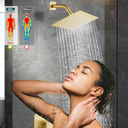 Heyalan 8-Inch Square Rain Shower Faucet Set with Valve, Brushed Gold | SUS304 stainless steel shower head, male NPT 1/2-inch valve, single-handle control, adjustable angle, 1.8 GPM