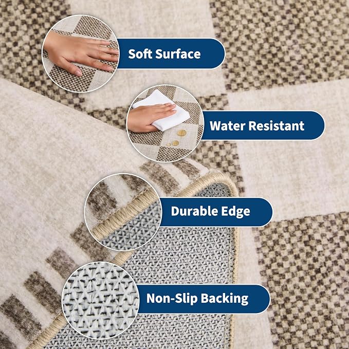 Garvee Washable 5x7 Rugs for Living Room Beige Checkered Non Slip | Low Pile Bedroom Rugs Geometric Low Pile Stain Resistant Carpet for Nursery Office Dining Room Classroom 5'x7' Beige