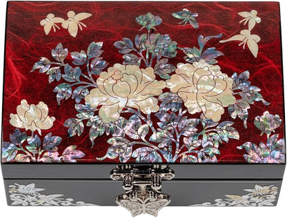 February Mountain Korean Mother of Pearl Jewelry Box – Red Floral Peony Design with Butterfly Clasp, Removable Velvet Tray – Christmas Gift for Women, Birthday, Anniversary, Keepsake Storage
