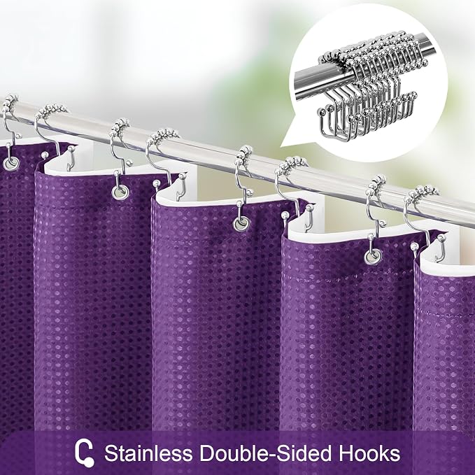 3 in 1 Purple Shower Curtain with PEVA Liner, 12 Hooks, 72x72 | Luxury Weighted Fabric Shower Curtain Set, 12 Stainless Steel Double-Sided Hooks, Water Repellent, Bathroom Decor