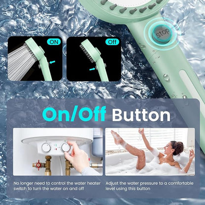 Filtered Shower Head with Handheld, High Pressure Showerhead with Filters | 4 Spray, ON/OFF Button for Pets, Detachable Shower Heads with Water Softener Filter Beads for Hard Water- Remove Chlorine
