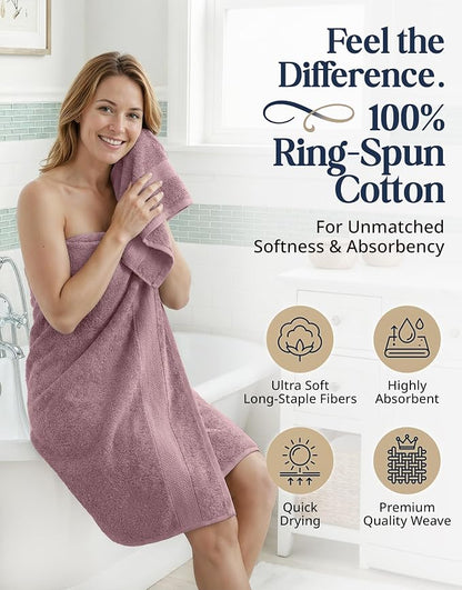 LANE LINEN Bath Towel Set Absorbent Quick Dry 100% Cotton - Wishful Mauve | Cotton Bath Towel Set - OEKO-TEX Certified, Ring-Spun Durability, Terry Weave Comfort, Hotel-Style Look