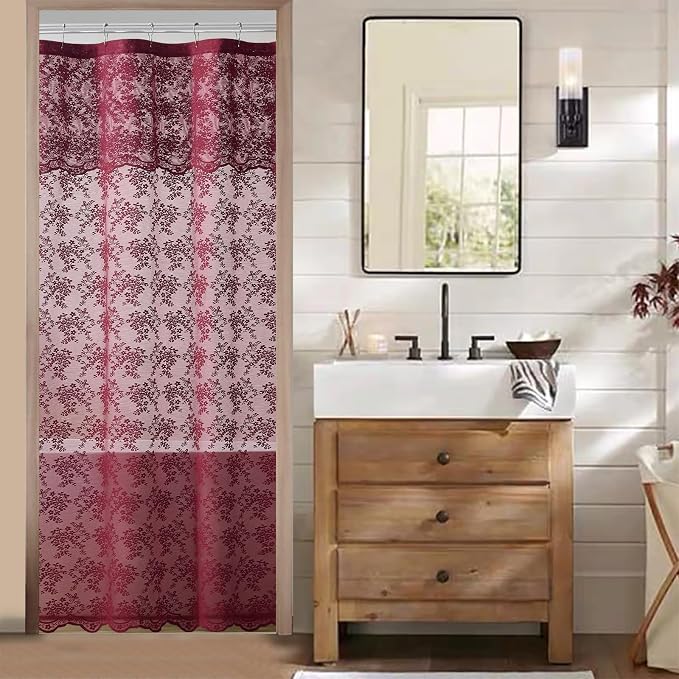 TUDECO Stall Burgundy Shower Curtain Bathroom, 36W x 72L Inch | Antique, Dark Red Floral, Semi Sheer, Scalloped Edges, Attached Valance, Reinforced Holes, Machine Washable