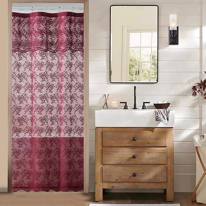 TUDECO Stall Burgundy Shower Curtain Bathroom, 36W x 72L Inch | Antique, Dark Red Floral, Semi Sheer, Scalloped Edges, Attached Valance, Reinforced Holes, Machine Washable