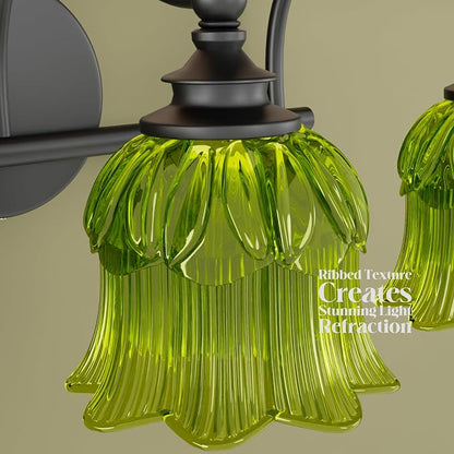 3-Light Vanity Light Over Mirror with Green Crystal Glass Shade | Valley-Lily Shaped Bathroom Light Fixture Black Antique Finish Wall Sconces Mirror Front Lighting for Hallway Living Room