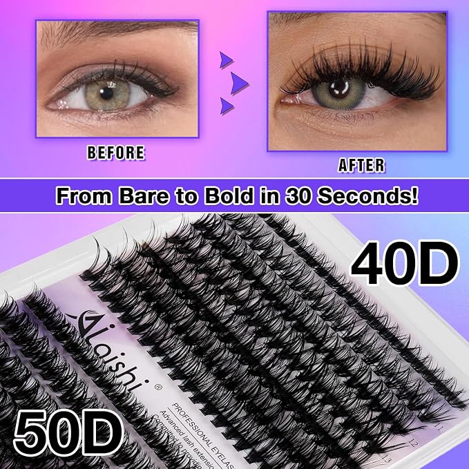 Lash Clusters, DIY Cluster Eyelash Extensions 9‑16mm, 40D+50D, 280pcs Fluffy D Curl Natural Lashes–Fake Cat Eye Wispy Individual Clusters