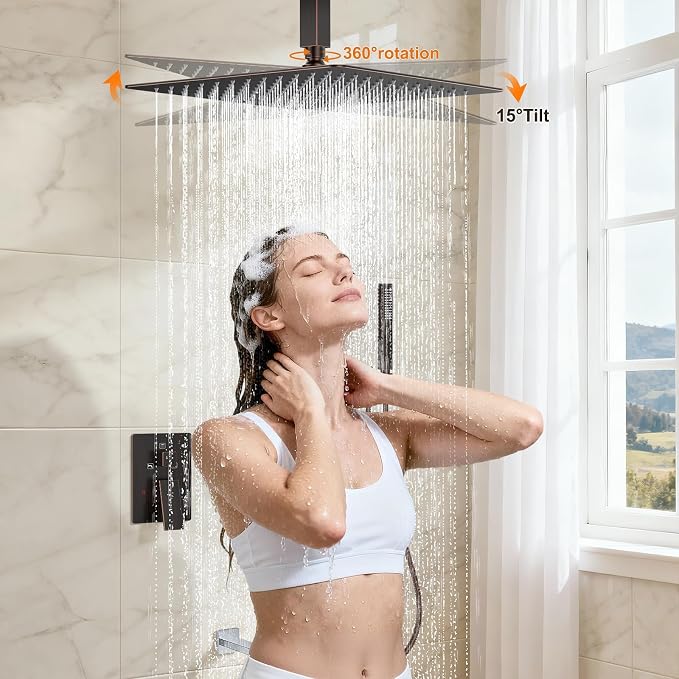 Oil Rubbed Bronze Shower System with Tub Spout, Ceiling Mounted Bathtub Shower Faucet Set, 12" Rainfall Shower Head and Handheld Shower Combo, High Pressure Shower Fixtures Set with Rough-in Valve