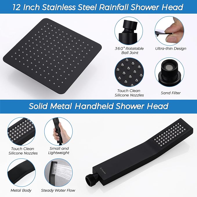 G-Promise All Metal 12 Inches Rainfall Shower Head with Handheld Combo | All Metal, Built to Last, Easy Install, Adjustable Height & Angle for All Heights, Extra Long Hose, Modern Upgrade