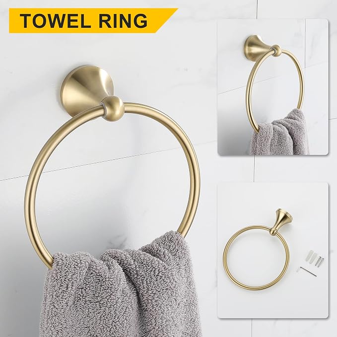 4 Piece Gold Bathroom Hardware Set - Brushed Gold Bathroom Accessories, 23.6 Inch Towel Bar | Towel Hook | Toilet Paper Holder | Hand Towel Holder