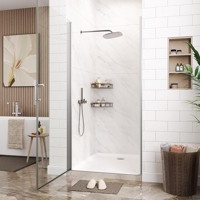 33.6-34.6" W x 72" H Frameless Pivot Shower Door, 1/4" (6mm) Tempered Glass with Explosion-Proof Film & Easy-Clean Coating, Brushed Nickel Single Swing Bathroom Door