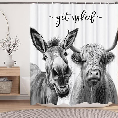 Funny Farmhouse Shower Curtain,Grey Donkey with Cow Get Naked Waterproof Shower Curtain with Hooks, Farm Animal Fabric Shower Curtains for Bathroom Decor 72X72inches