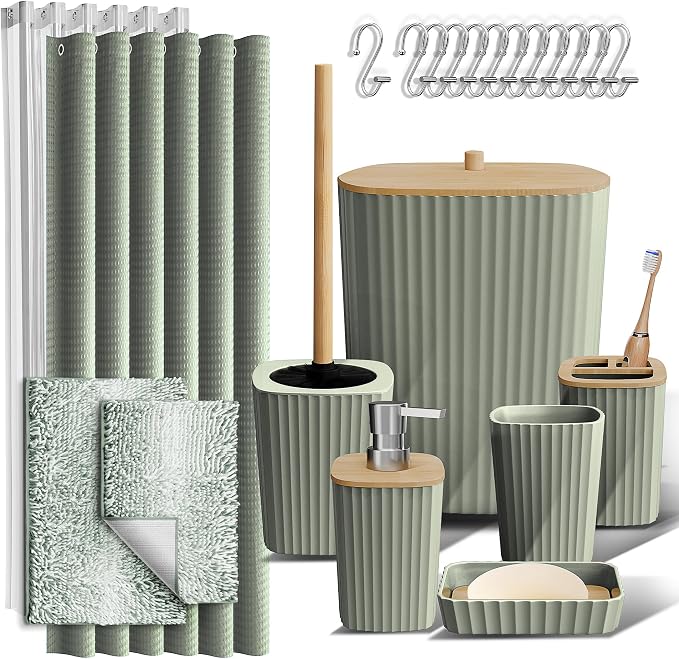 Clara Clark Bathroom Accessories Set - Bathroom Set, Bathroom Sets with Shower Curtain and Rugs, Shower Curtain Set with Trah Can - Ombre Sage Green - 22PC | 22 Piece Ombre Sage Green Bathroom Accessories Set with Toothbrush Holder, Soap Dispenser, Toi...
