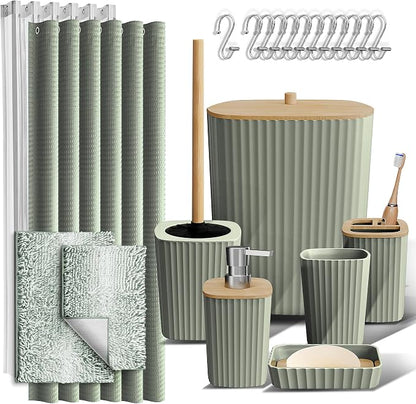 Clara Clark Bathroom Accessories Set - Bathroom Set, Bathroom Sets with Shower Curtain and Rugs, Shower Curtain Set with Trah Can - Ombre Sage Green - 22PC | 22 Piece Ombre Sage Green Bathroom Accessories Set with Toothbrush Holder, Soap Dispenser, Toi...