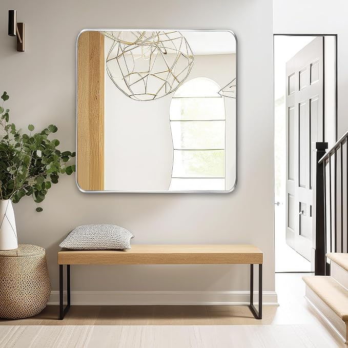 Fabuday Bathroom Mirror with Silver Frame - 30x30 Inch Over Sink Rectangle Mirror for Bathroom, Wall Mounted Chrome Mirrors for Vanity, Farmhouse Decor, Matte Finish, Horizontal or Vertical Hanging
