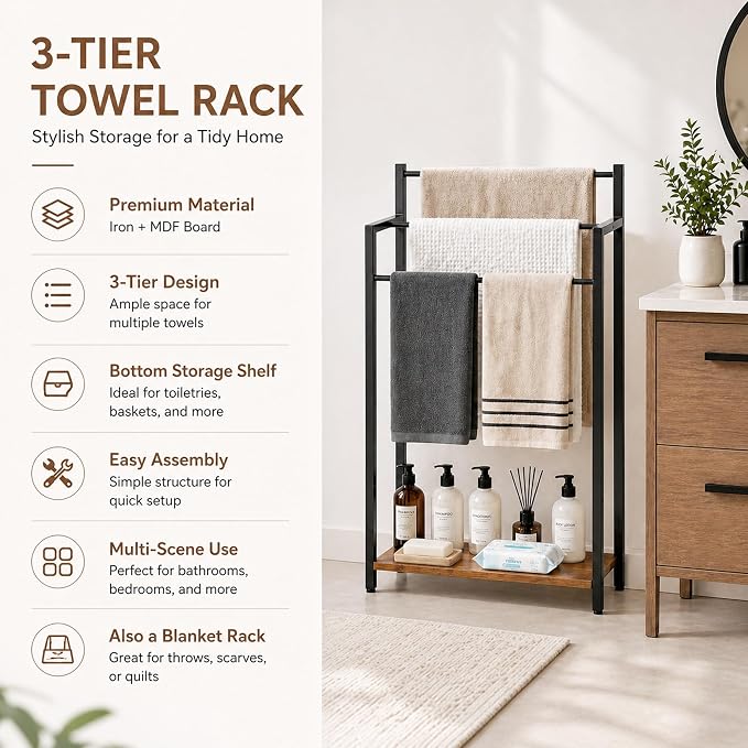 16.9" W Freestanding Towel Rack with Rustic Brown Wood Shelf | 3 Tier Blanket Ladder Stand for Bathroom Living Room, Metal Frame,31.5"H x 16.9"W x7.9"D