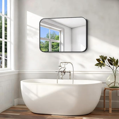 Black Bathroom Mirror, 28x42 inch Aluminum Metal Frame Rectangular Vanity Mirror, Wall Mounted Rectangle Mirrors with Rounded Corner for Bedroom Living Room Hangs Horizontal Or Vertical