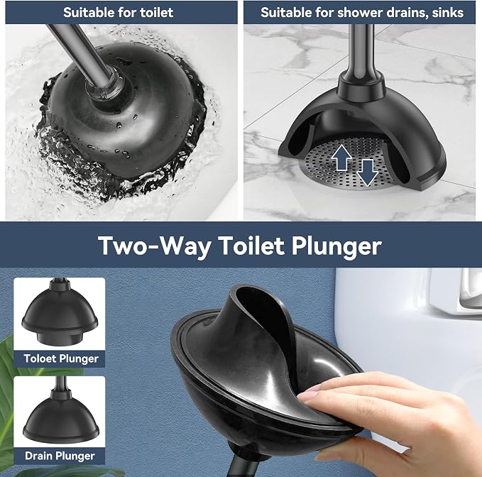 TRENTI Toilet Plunger with Holder, Plunger with Holder for 5.3-inch Toilet Drain, Plungers for Bathroom with Holder, Toilet Plunger Heavy Duty (1, Black)