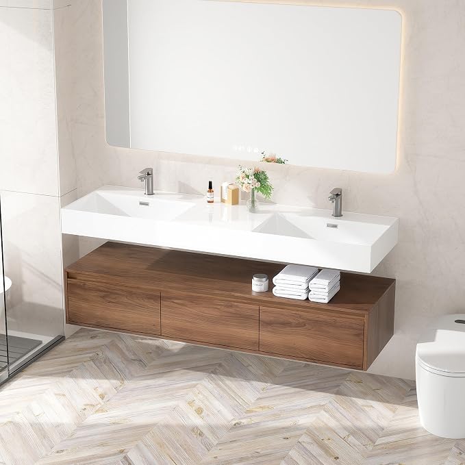 60 Inch Floating Bathroom Vanity with Double Sink, Modern Wall-Mounted Bathroom Cabinet with Resin Sink & Soft Close Drawers, Split-Level Layout (Walnut, 60" Double Sink)