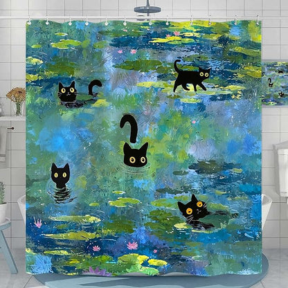 Accnicc Cute Cat Shower Curtain 78 Inch Long Funny Fun Cool Cats Monet Shower Curtains for Bathroom Water Lilies Waterproof Fabric Bath Curtain Decor
