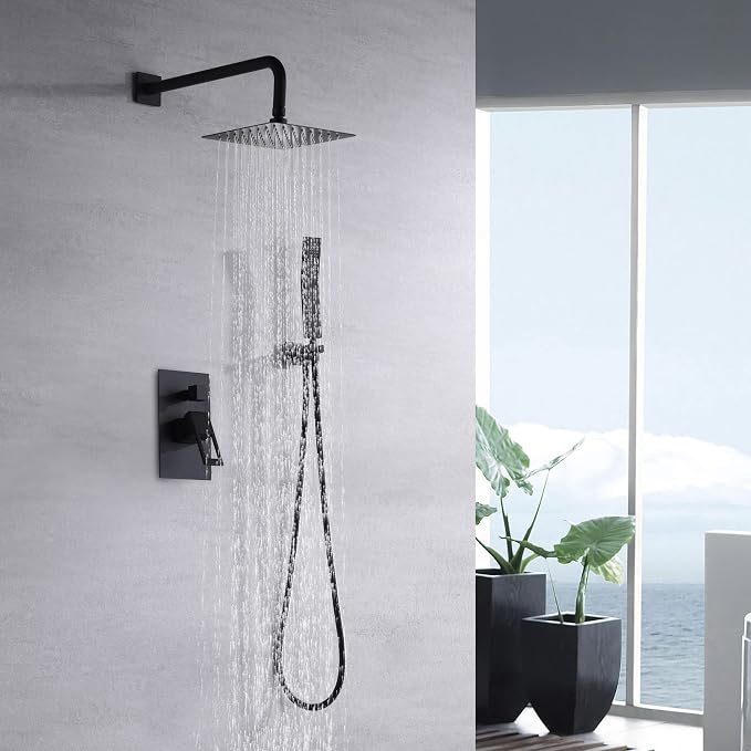 SUMERAIN Bathroom Matte Black Pressure Balance Shower System | Anti-scald, 8 Inches High Pressure Rain Shower, Brass Handheld, brass Rough-in Valve Body and Trim Included