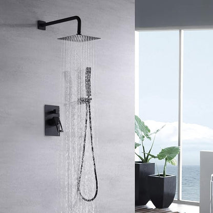 SUMERAIN Bathroom Matte Black Pressure Balance Shower System | Anti-scald, 8 Inches High Pressure Rain Shower, Brass Handheld, brass Rough-in Valve Body and Trim Included