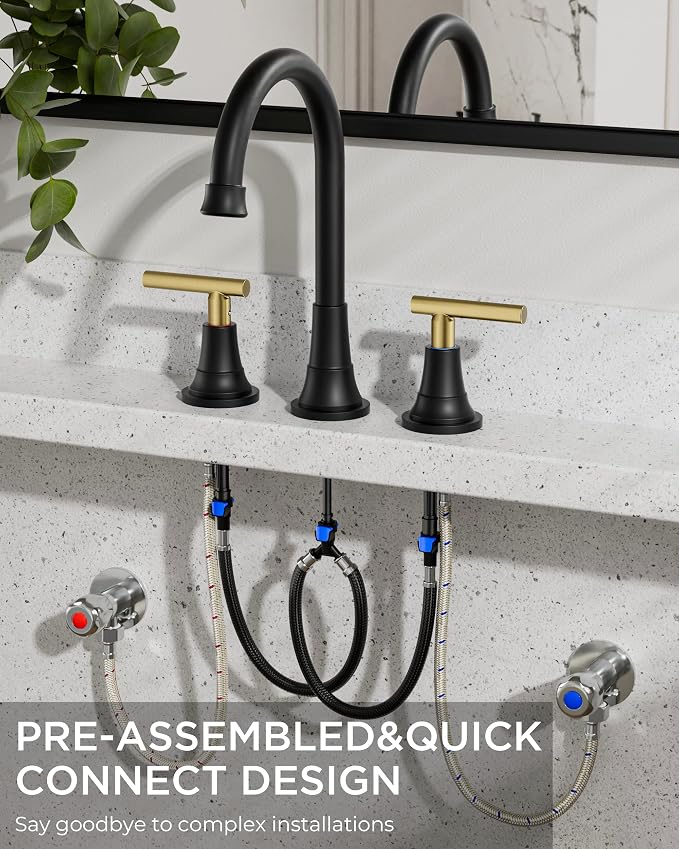 FORIOUS 8 Inch Widespread 3 Hole Bathroom Faucet Black and Gold, Mix Color | FORIOUS Widespread Bathroom Faucet Black and Gold Vanity, Two Handle Black and Brushed Gold Bathroom Sink Faucet 3 Hole
