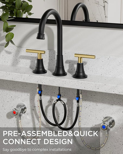 FORIOUS 8 Inch Widespread 3 Hole Bathroom Faucet Black and Gold, Mix Color | FORIOUS Widespread Bathroom Faucet Black and Gold Vanity, Two Handle Black and Brushed Gold Bathroom Sink Faucet 3 Hole