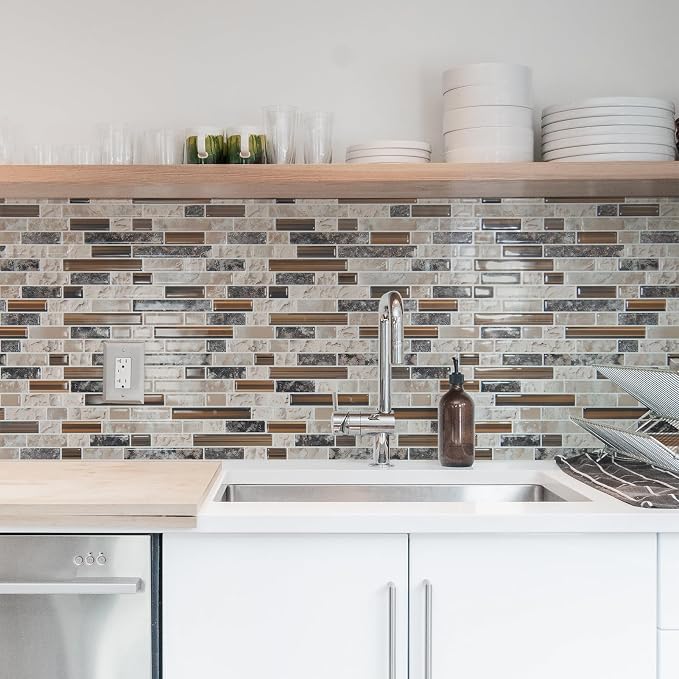 Art3d Linear Design Tile Peel and Stick Backsplash, 10-Sheet, Sandstone | 12 x 12 Inch, Enhanced Thickness, Warp Resistant, Strong Adhesion, Sturdy, for Kitchen, Bedroom, Ideal for Home Improvement
