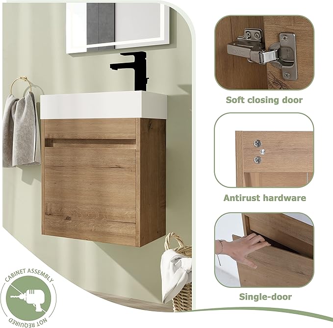 18" Bathroom Vanity with Sink, 18 Inch Floating Bathroom Vanity for Small Space, Modern Bathroom Vanity, Brown Wall Mounted Cabinet Set（005）