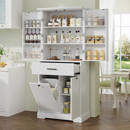 72.6" Storage Cabinet with Drawer and Door Shelf, Tilt-Out Laundry Hamper, Tall Freestanding Pantry Organizer Rack for Kitchen, Living Room or Bathroom, White