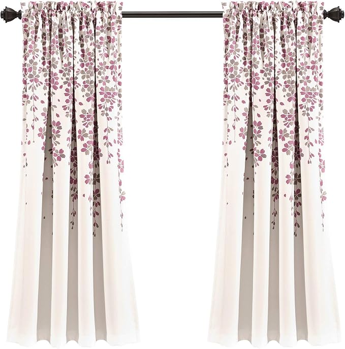 Lush Decor Weeping Flower Light Filtering Window Curtain Panels, Pair, 52"W x 63"L + 2" Header, Purple & Gray- Charming Modern Floral Curtains for Living Room, Dining Room, & Bedroom