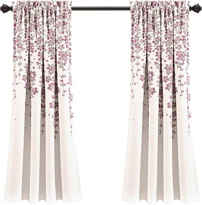 Lush Decor Weeping Flower Light Filtering Window Curtain Panels, Pair, 52"W x 63"L + 2" Header, Purple & Gray- Charming Modern Floral Curtains for Living Room, Dining Room, & Bedroom