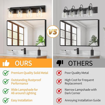 4 Light Modern Bathroom Light Fixtures Over Mirror, Black Vanity Lights for Bathroom Wall Sconces with Clear Glass Shades, E26 Socket (Bulbs Not Included)