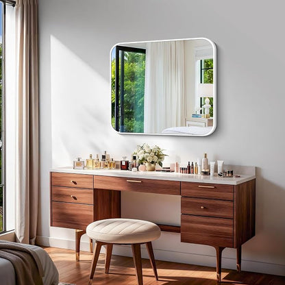 BONEWEI White Bathroom Mirror,30x36 inch Wall Mirror for Bathroom Wall Mounted,Rectangle Mirror for Bathroom Over Sink,Modern Frame Round Corner for Living Room,Bedroom Entryway,Horizontal/Vertical