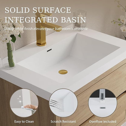 Modern 30" Wall-Mounted Bathroom Vanity with Sink | Floating Storage Cabinet, Stone Resin Countertop, Soft Close Drawers | Natural Oak