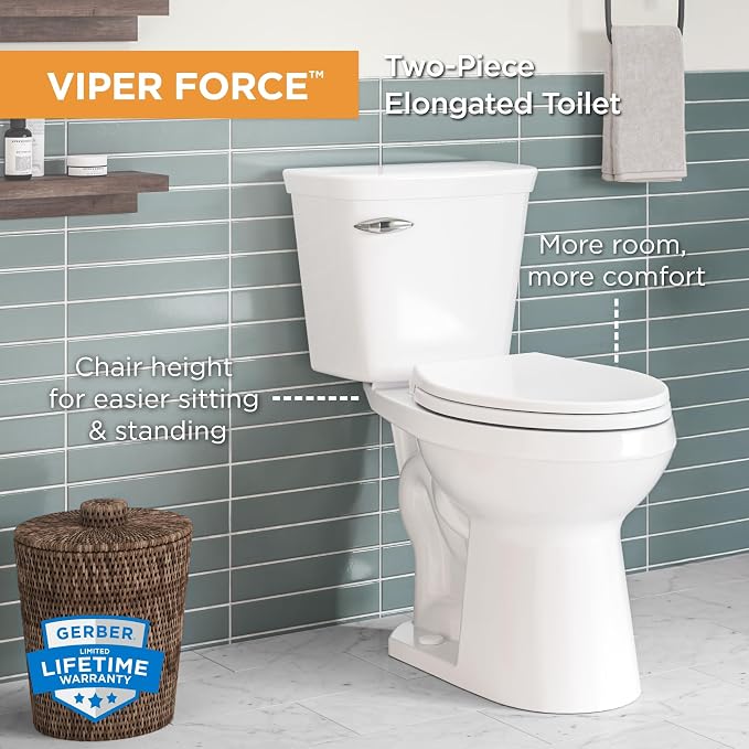 Gerber Viper Force Elongated Two-Piece Toilet, Soft-Close Seat, White | Strong flush clears the bowl every time | Seat lifts off in seconds for easy cleaning | Tool-free install kit included