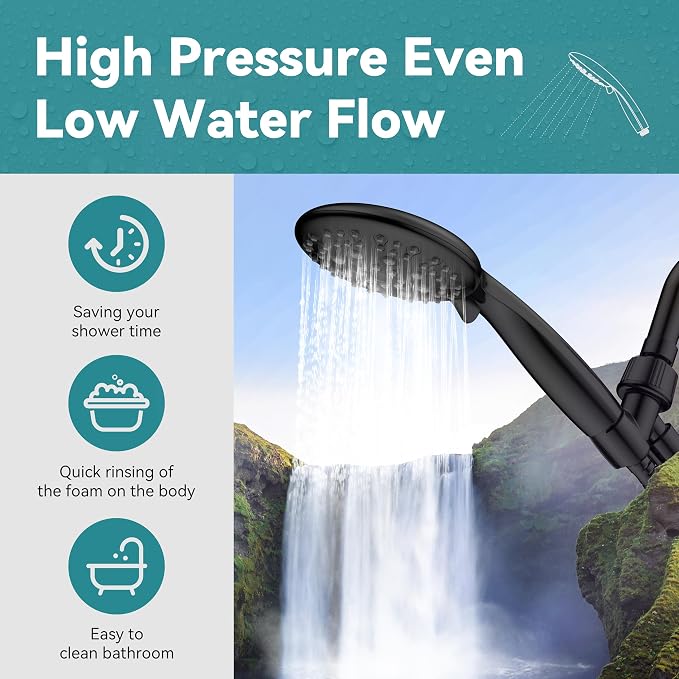 JDO Shower Head with Handheld, 6 Spray Settings High Pressure Hand Held Shower Head, 4.3" High Flow Rain Showerhead Set with Extra Long 59" Stainless Steel Hose and Adjustable Bracket(Matte Black)