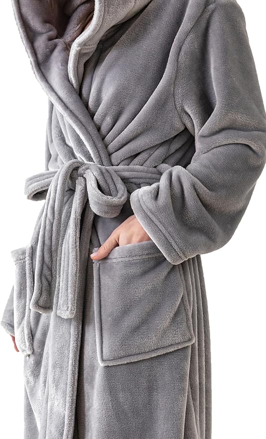 Robes for Women - Hooded Plush Fleece Bathrobe with Sash & Pockets, Full-Length Lightweight Spa Robe